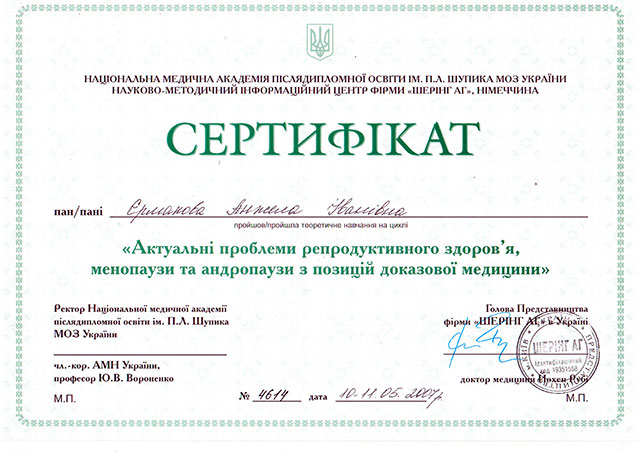 актуальні проблеми репродуктивного здоров'я в гінекології сертифікат
